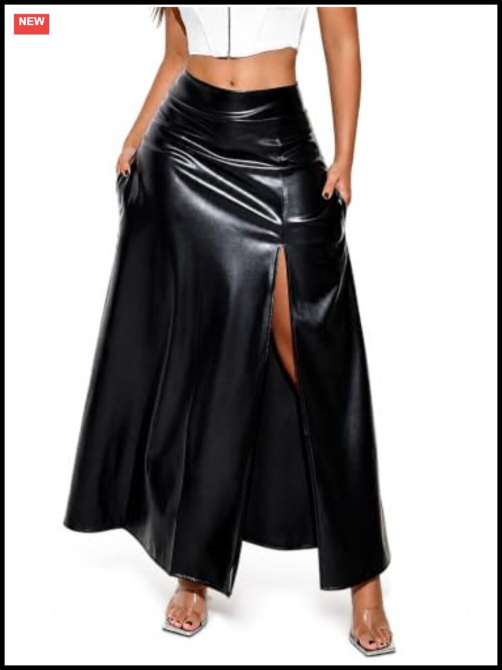 Faux Leather Maxi Skirt High Waisted Slit Pockets Slim Fit Party